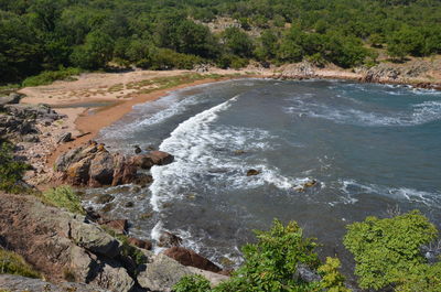 High angle view of water flowing through rocks