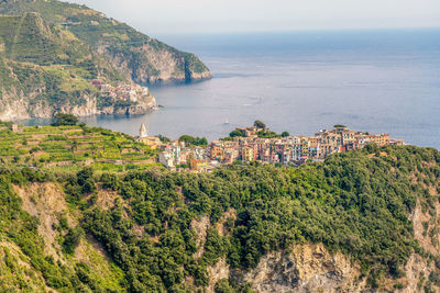 View of corniglia village  and sea bay of  cinque terre area,  liguria, italy,  june, 2019.