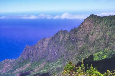 Scenic view of sea and mountains against sky