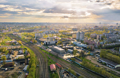 High angle view of road amidst buildings in city