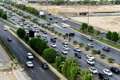 High angle view of traffic on road in city