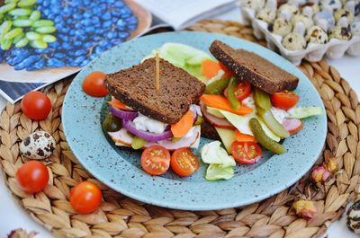 High angle view of breakfast served on table