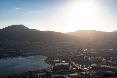 High angle view of townscape against sky during sunset