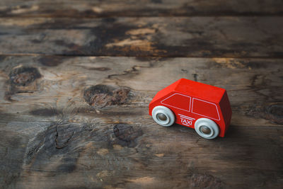 High angle view of toy car on table