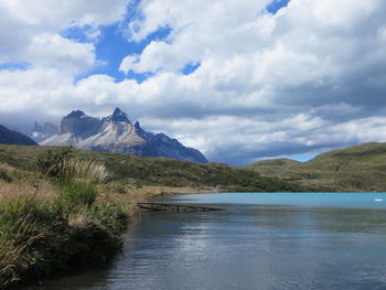 Scenic view of lake and mountains against sky