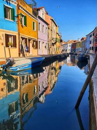 Boats moored in canal by buildings against blue sky