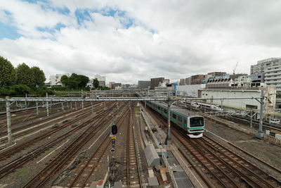 High angle view of railroad tracks against sky