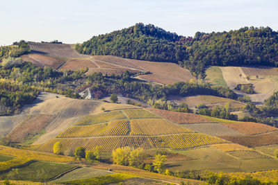 High angle view of farms against sky