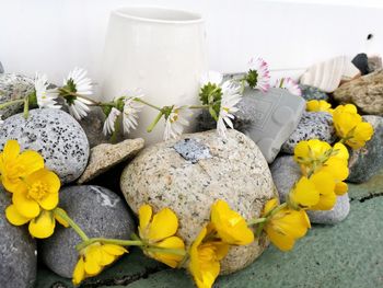 Close-up of yellow flowers on table