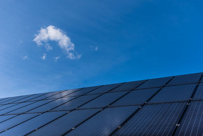 Solar panels on roof and blue sky