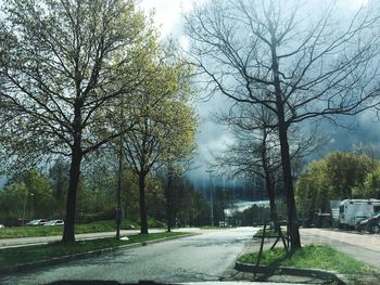 Road amidst bare trees against sky