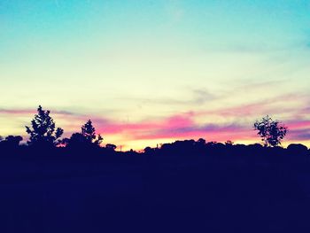 Silhouette trees on landscape against sky at sunset