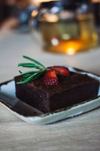 Close-up of chocolate cake in plate