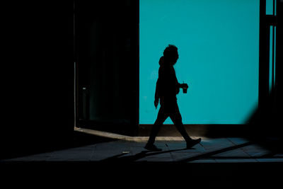 Side view of silhouette woman standing against door