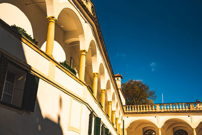 Low angle view of building against blue sky