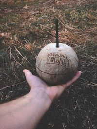 Close-up of hand holding ice cream cone on field