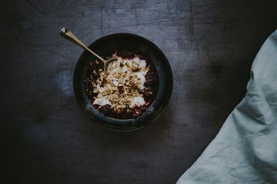 High angle view of breakfast served on table