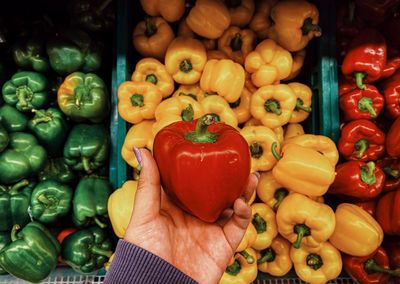 High angle view of bell peppers at market stall