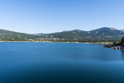 Scenic view of sea against clear blue sky