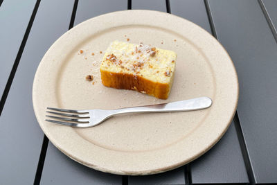 High angle view of cake in plate on table