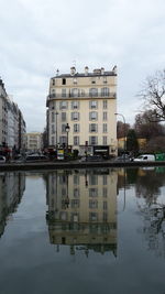 Reflection of building in water against sky