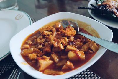 High angle view of food in plate on table