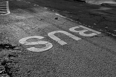 High angle view of text on road