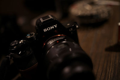 Close-up of camera on table