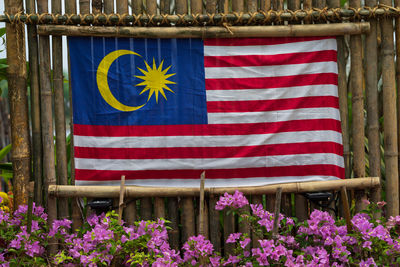 Close-up of flags against blue sky