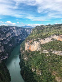 High angle view of river amidst mountains against sky