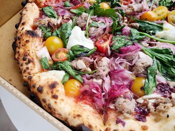 Close-up of pizza with vegetables