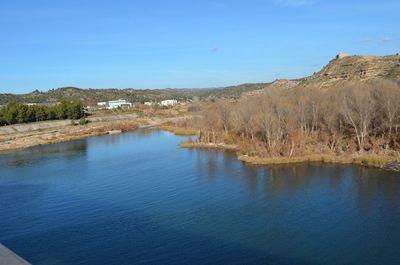 Scenic view of calm lake against clear sky