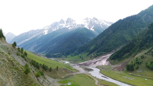 Scenic view of mountains and valley against sky