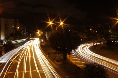 Light trails on road at night