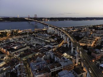 High angle view of river amidst buildings in city against sky