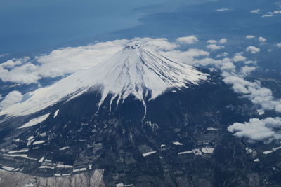 Aerial view of snowcapped mountains against sky