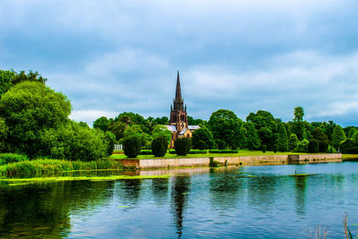 Reflection of trees in lake against cloudy sky