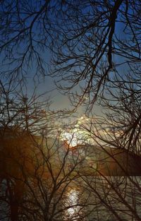 Low angle view of bare trees against sky at sunset