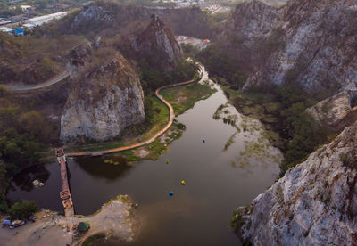 High angle view of river amidst rock formation