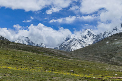 Scenic view of snowcapped mountains against sky