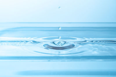 Close-up of water drop on blue surface