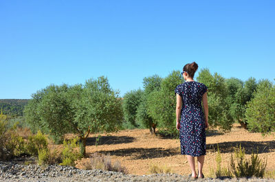 Rear view of woman against blue sky