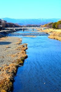 Scenic view of calm river against clear sky