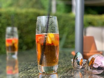 Close-up of beer glass on table