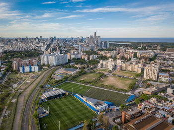 High angle view of cityscape against sky