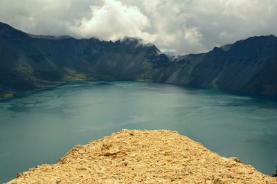 Scenic view of lake against cloudy sky