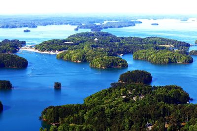 High angle view of bay against sky