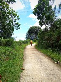 Rear view of woman walking on footpath amidst trees against sky