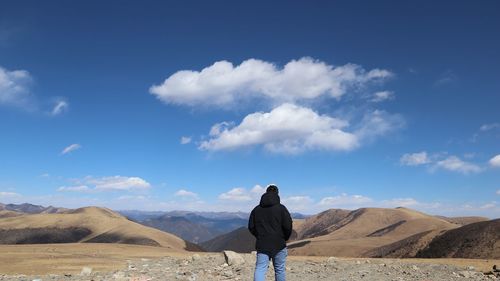 Rear view of man standing on desert