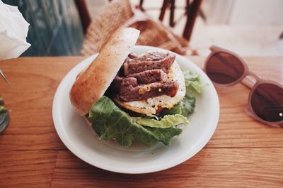 Close-up of food served on table